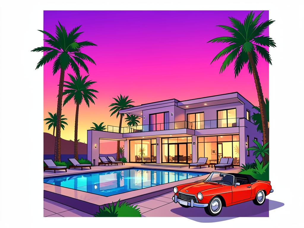 Illustrated Dubai villa with pool at sunset